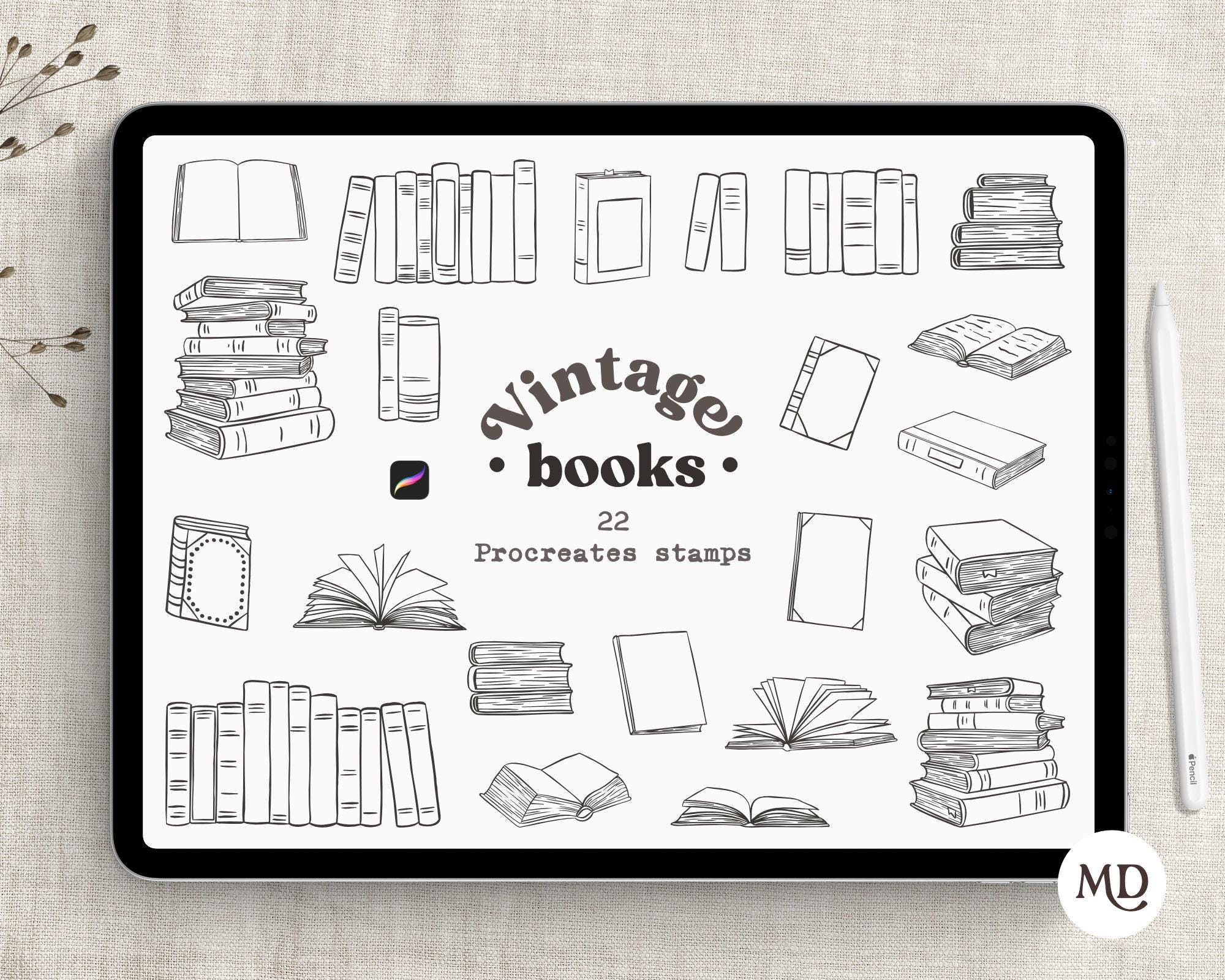 Sellos de Procreate Libro retro minimalista – Paquete vintage de línea para lectores y creadores
