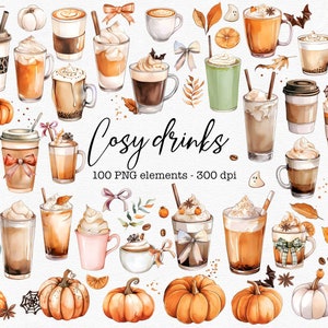 Peut inclure: Illustration à l'aquarelle de diverses boissons réconfortantes, notamment des lattes et des cappuccinos, avec de la crème fouettée, des bâtons de cannelle et des décorations d'automne. L'image comprend des citrouilles, des feuilles et le texte "Cosy drinks".