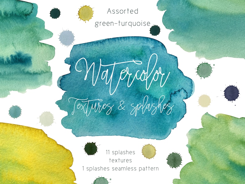 High quality hand-painted watercolor splashes green seamless pattern and textures in an assorted range of colors teal lime blue mint