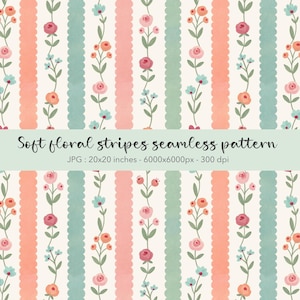 Cottage small watercolor floral stripes Seamless Pattern JPG, Folk art roses Digital paper
