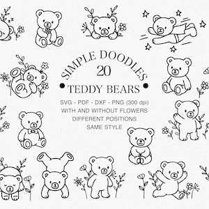 Peut inclure: Ensemble de 20 illustrations de simples gribouillis d'ours en peluche dans diverses poses, certaines avec des fleurs. Les dessins en noir et blanc incluent le texte "Simple Doodles 20 Teddy Bears" et des informations sur le type de fichier.