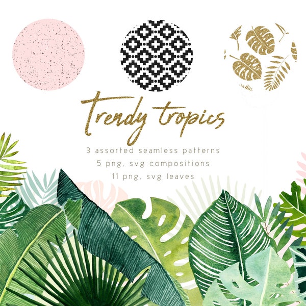 High quality watercolor tropical leaves clipart, hand-painted tropical forest leaves, ethnic seamless pattern, ceramic pattern, gold glitter