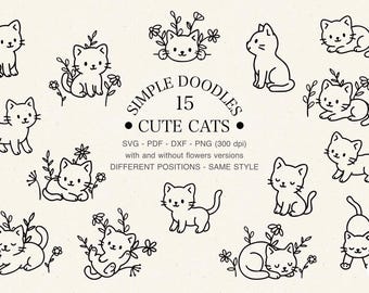 Floral Cat SVG: Kawaii Kitten Clipart, Nursery Doodle Bundle (Digital Download)
