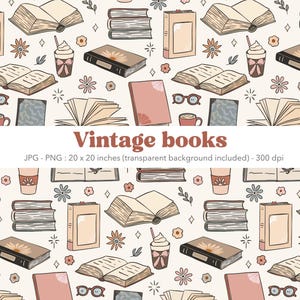 Peut inclure: Motif répété de livres anciens, de livres ouverts, de piles de livres, de tasses à café, de lunettes et de fleurs de couleur crème. Le texte "Vintage books" est affiché en marron. L'image mesure 50.8 x 50.8 cm.