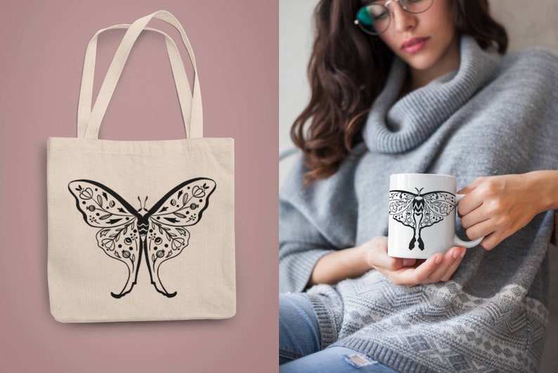Może przedstawiać: Biała torba typu tote z czarno-białą ilustracją motyla z kwiatowymi detalami. Skrzydła motyla mają skomplikowane wzory.