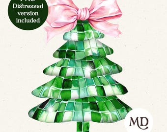 Retro Disco Ball Christmas Tree PNG, Coquette Bow (Digital Download)