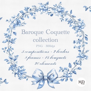 Bundle de png de cadre floral de mariage Coquette bleue, clipart Chinoiserie rétro, esthétique de mariage botanique Grand millénaire chat Toile de Jouy