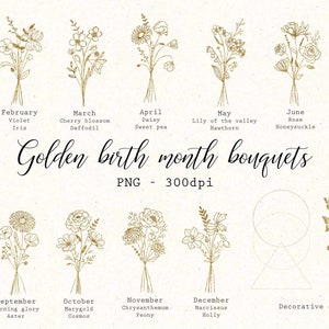 Flor de nascimento dourado png glitter clipart de flores silvestres Clipart de margarida Lírio do vale Buquê de flores de nascimento png Floral Ouro Borboleta svg