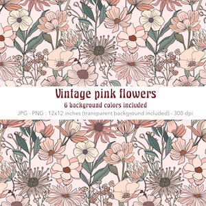 May include: A seamless pattern of vintage pink flowers with a light pink background. The design includes various floral illustrations in shades of pink, cream, and brown, with green leaves. The text "Vintage pink flowers" is displayed.