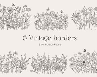 Wild flowers svg bundle daisy svg wildflower png Floral border clipart meadow flowers Poppy line art Butterfly clip arts Botanical aesthetic