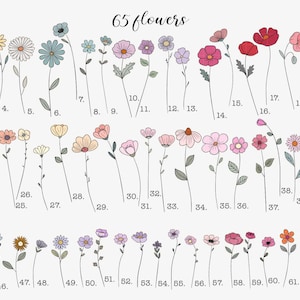 May include: An illustration of 65 different flowers, each with a unique design and color palette. The flowers range from sunflowers to daisies, with a variety of shapes and sizes. The text "65 flowers" is at the top.