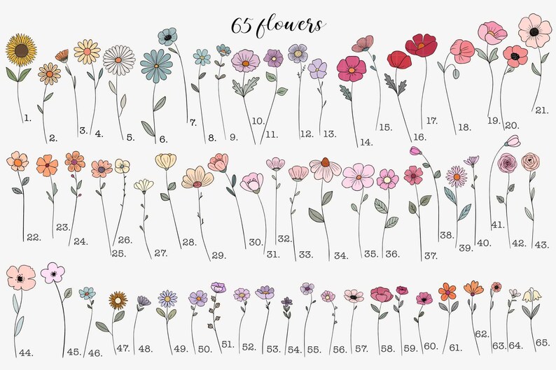May include: An illustration of 65 different flowers, each with a unique design and color palette. The flowers range from sunflowers to daisies, with a variety of shapes and sizes. The text "65 flowers" is at the top.