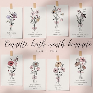 Nascita fiore SVG Wildflower SVG Daisy SVG Mughetto SVG Pink Coquette Bow Nascita bouquet di fiori PNG Composizione floreale Farfalla SVG