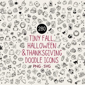May include: A collection of 280 black and white line art doodle icons featuring ghosts, pumpkins, skulls, autumn leaves, and holiday-themed items. The central text reads 280 TINY FALL, HALLOWEEN & THANKSGIVING DOODLE ICONS PNG - SVG, with MD in a circle.