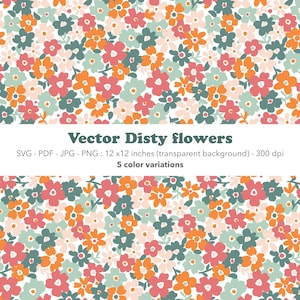May include: A floral pattern featuring small, colorful flowers in shades of orange, pink, and teal on a white background. The text "Vector Disty flowers" is displayed, along with details about the file format and size: 12 x 12 inches.