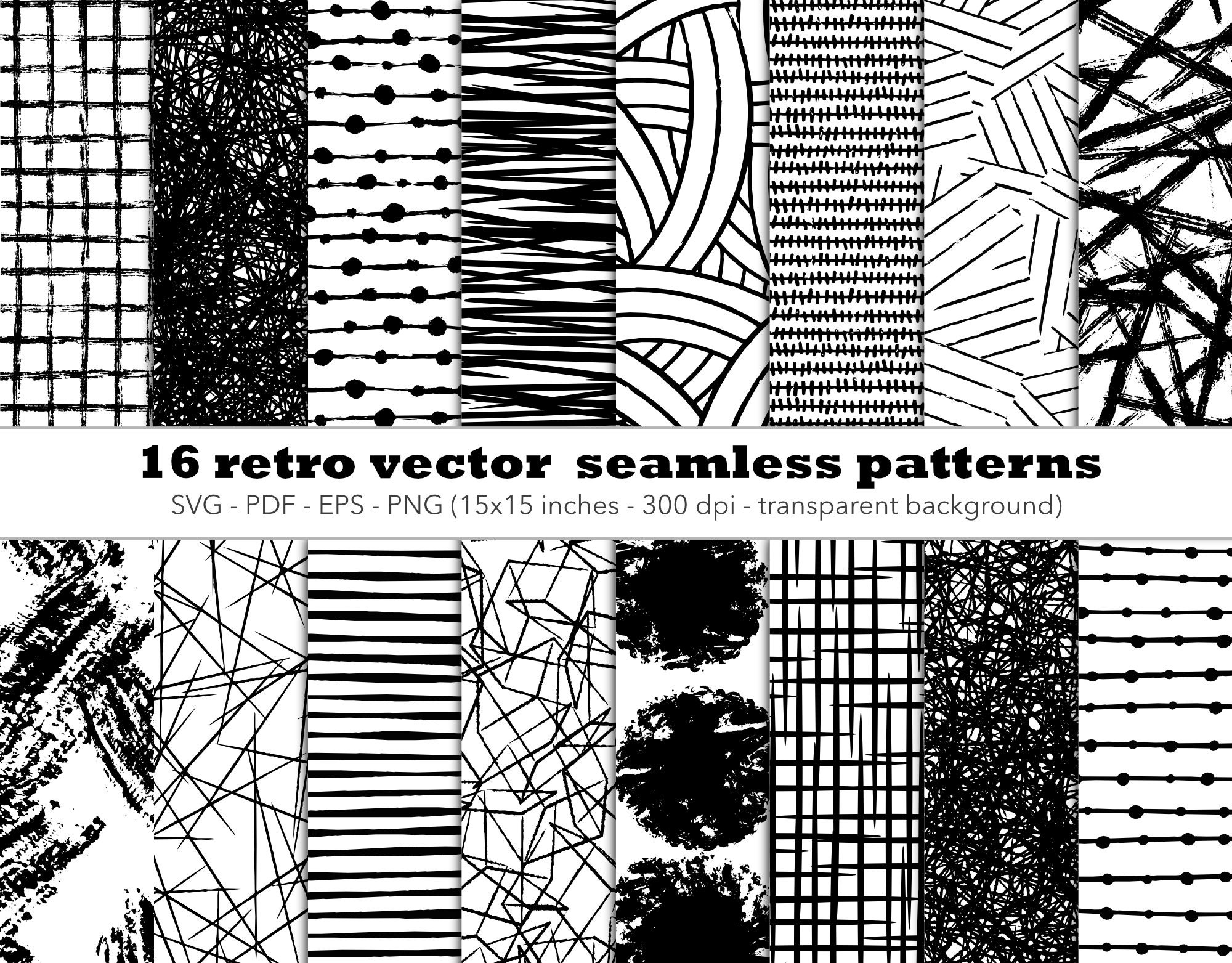 Paquete de patrones retro Mid-Century Modern sin costuras – 16 texturas geométricas (SVG, EPS, PDF, PNG)