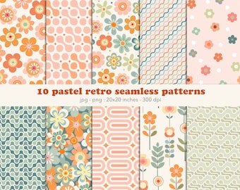 Retro flowers seamless digital paper Vintage floral surface pattern retro daisy png groovy daisies retro pastel color png trendy hippie pack