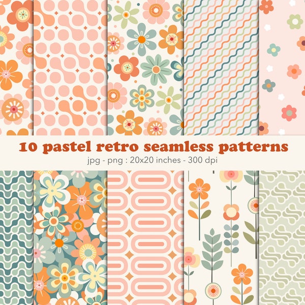 Retro flowers seamless digital paper Vintage floral surface pattern retro daisy png groovy daisies retro pastel color png trendy hippie pack