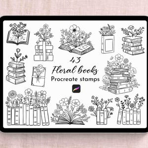 Livros florais Boho, carimbos Procreate, uso comercial, esboço desenhado à mão, clipart, linha, livro, pacote, pilha, livro, arte, linha, livro aberto, tatuagem