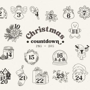 Conto alla rovescia di Natale disegnato a mano retrò png vintage Calendario dell'avvento linea arte svg fiocco clipart Bastoncino di zucchero vettore schiaccianoci pan di zenzero agrumi svg