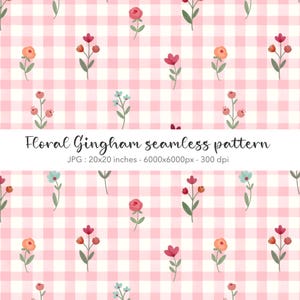 Pink Floral Gingham Seamless Pattern, Cottagecore Folk Flowers Checkered Background, Coquette Digital Paper JPG