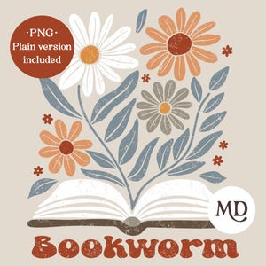 Boho flores silvestres svg Retro ondulado floral vintage Matisse flores silvestres png Art Nouveau flores abstratas Bookworm png livro com flores camisa dos anos 70