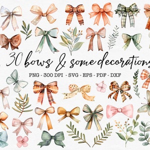 Op de afbeelding: Een set van 30 aquarel illustraties van strikken in verschillende kleuren en patronen, waaronder ruit, stippen en effen kleuren. De set bevat ook enkele bloem- en bladdecoraties. PNG - 300 DPI - SVG - EPS - PDF - DXF