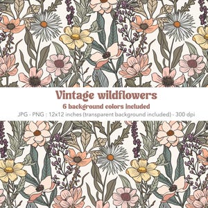 Puede incluir: Un patrón sin costuras con flores silvestres vintage en tonos de rosa, amarillo y verde. El patrón está sobre un fondo crema y mide 12x12 pulgadas.