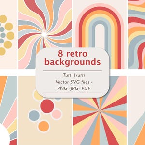Arrière-plans numériques rétro Groovy paper pack des années 70 svg Pastel imprimable rayons de soleil rétro bohème demi-soleil sunburst papier téléchargement immédiat minimaliste