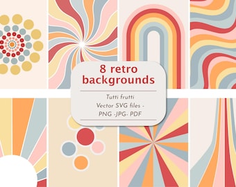 Retro digital backgrounds Groovy paper pack 70s svg Pastel printable Retro sun-rays boho half sun sunburst paper minimalist instant download