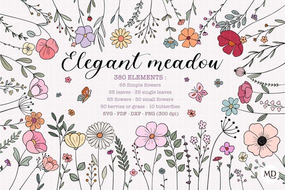 Boho Handdrawn Wildflower svg bundle for botanical wedding invite Vector wild flower clipart trendy meadow pack minimalist daisy sketch png