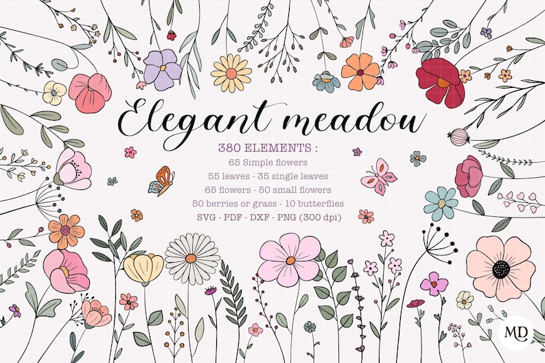Boho Handdrawn Wildflower svg bundle for botanical wedding invite Vector wild flower clipart trendy meadow pack minimalist daisy sketch png