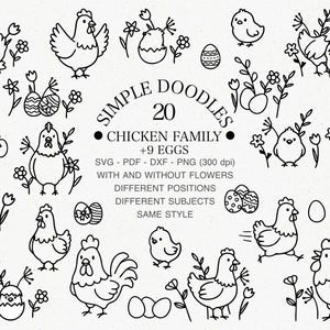 以下が含まれることがあります： 鶏、ひよこ、卵のシンプルな落書きイラストのコレクション。花あり、なし。テキストには「SIMPLE DOODLES 20 CHICKEN FAMILY +9 EGGS」と書かれています。イラストは白黒で、様々なポーズがあります。