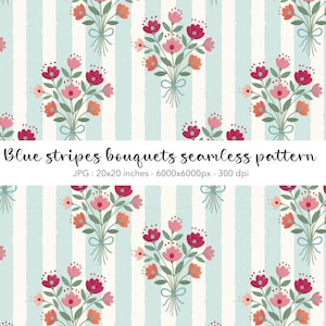 May include: Seamless pattern featuring bouquets of flowers in shades of red, pink, and orange, tied with blue ribbons. The floral arrangements are set against a backdrop of light blue vertical stripes on a cream background. The text "Blue stripes bouquets seamless pattern" is displayed.