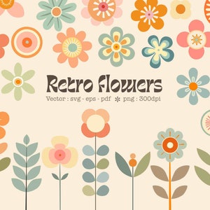 Margaritas retro svg vector vintage Daisy svg paquete Hippie svg floral 70s svg flor minimalista png color pastel png boho midcentury clip art