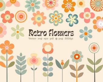 Daisy rétro svg vecteur vintage Daisy svg bundle Hippie svg floral des années 70 svg fleur minimaliste png couleur pastel png boho clipart milieu du siècle