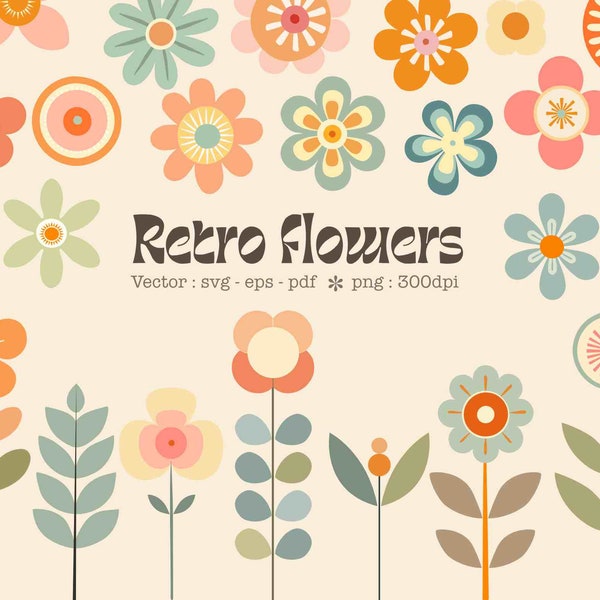 Retro daisies svg vector vintage Daisy svg bundle Hippie svg floral 70s svg minimalist flower png pastel color png boho midcentury clip art