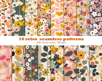 Retro flower pattern retro floral digital paper scandinavian jpg daisy seamless pattern pastel flower power clipart trendy vintage paper set