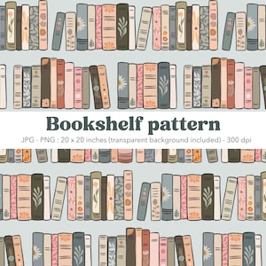 May include: A repeating pattern of bookshelves with various book designs in muted colors. The books have floral and botanical illustrations. The text "Bookshelf pattern" is displayed. The image is 20 x 20 inches.