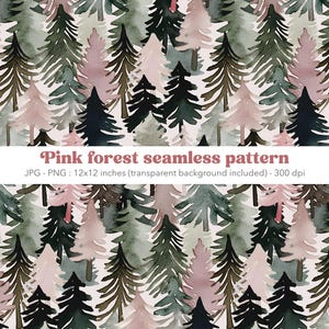 Può includere: Un motivo senza cuciture con illustrazioni ad acquerello di alberi sempreverdi nei toni del rosa, verde e blu scuro. Gli alberi sono disposti in un motivo ripetuto. Il testo "Pink forest seamless pattern" è visualizzato. Il motivo misura 30.48 cm x 30.48 cm.