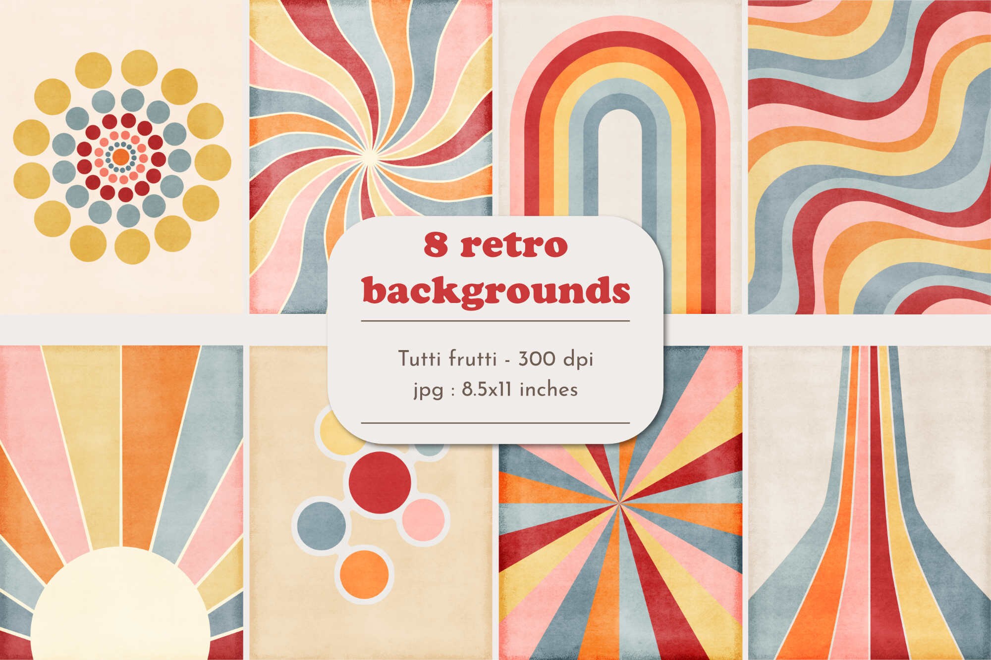 Retro digital backgrounds Groovy paper pack 70s jpg Pastel printable Retro sun-rays boho half sun sunburst paper minimalist instant download