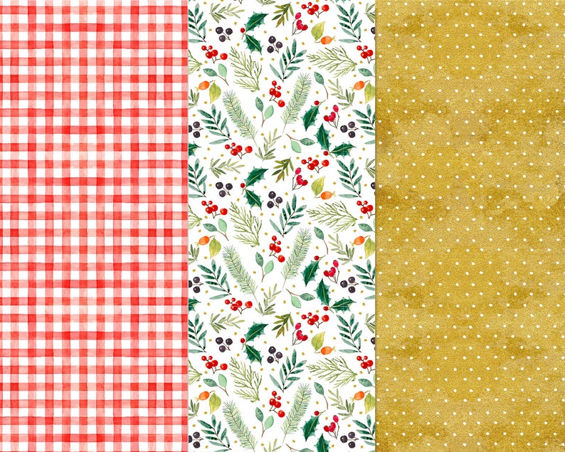 black berries Watercolor Christmas high quality colorful cliparts poinsettia gingham pattern pine holly leaves twigs floral wreath