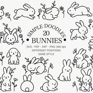 May include: A collection of 20 simple doodle bunny illustrations in various poses, with floral accents. The black and white line art includes text that reads "SIMPLE DOODLES 20 BUNNIES" and file type information.