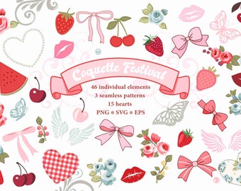 Coquette svg Pink bows svg strawberry svg lemon svg cherry png Lips svg Angel wings svg 90s preppy roses svg butterfly clipart Y2k aesthetic
