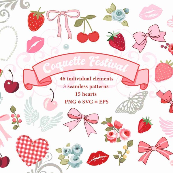 Coquette svg Pink bows svg strawberry svg lemon svg cherry png Lips svg Angel wings svg 90s preppy roses svg butterfly clipart Y2k aesthetic