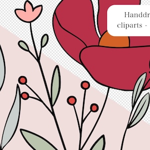 May include: Floral illustration featuring a large red flower with an orange center, pink and green leaves, and small pink flowers. The image includes the text "Handdrawn cliparts - not AI".