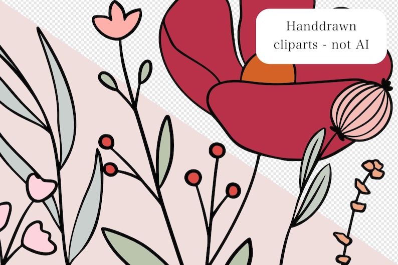 May include: Floral illustration featuring a large red flower with an orange center, pink and green leaves, and small pink flowers. The image includes the text "Handdrawn cliparts - not AI".