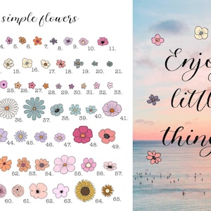 May include: A digital art print featuring 65 simple flower illustrations with numbers, and a scenic background with the text "Enjoy little things". The flowers are in various colors and styles.