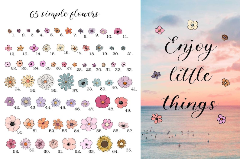 May include: A digital art print featuring 65 simple flower illustrations with numbers, and a scenic background with the text "Enjoy little things". The flowers are in various colors and styles.