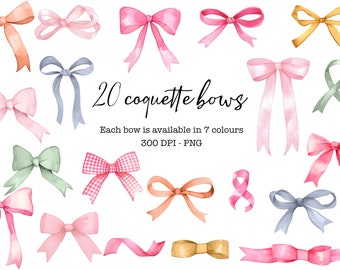 Watercolor cute coquette bows png Pink ribbon cliparts Romantic bows clip arts Coquette Balletcore aesthetic Trendy Clean girl bundle